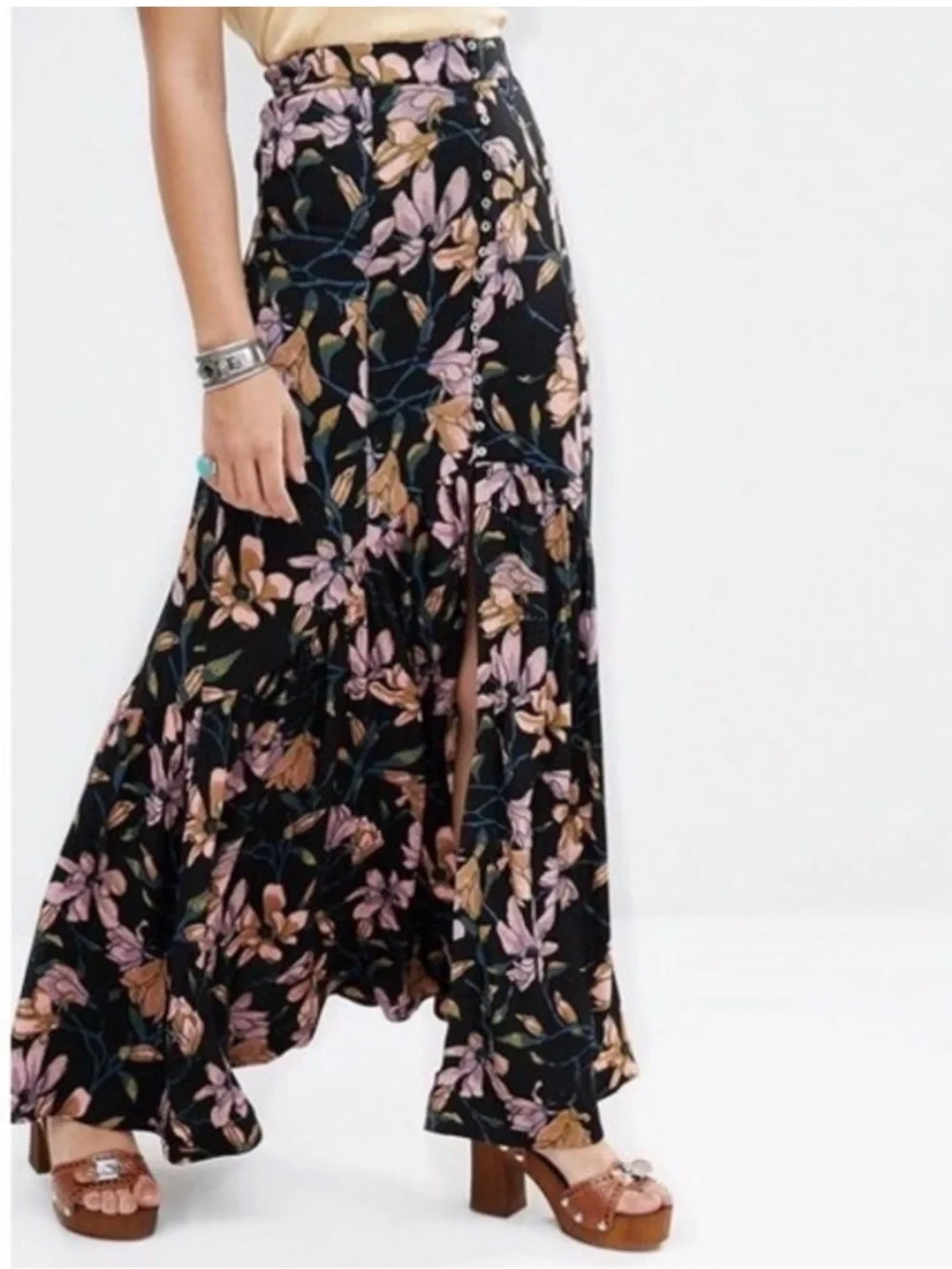 Free People Smooth Sailing Maxi Skirt Button Front Dark Floral Size 8